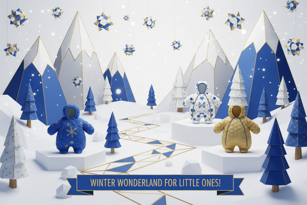 a magical alpine scene geometric shapes blue and gold for kids snow gift guide cute baby snowsuits