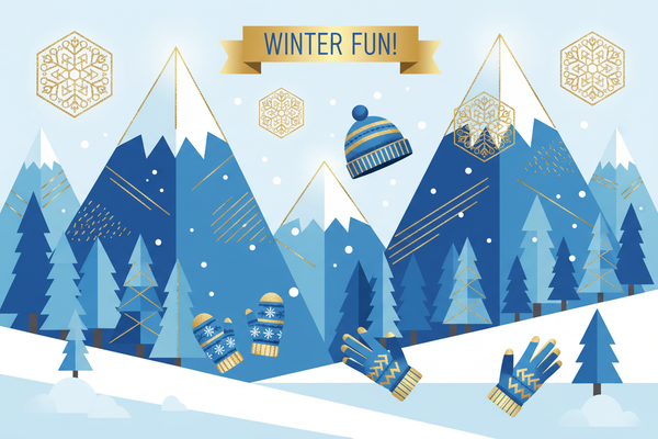 create an magical alpine scene geometric shapes blue and gold for kids snow gift guide highlighting accessories category gloves beanies