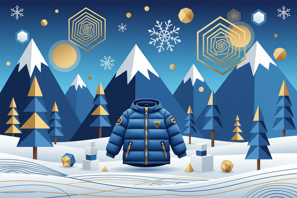 a magical alpine scene geometric shapes blue and gold for kids snow gift guide highlighting jackets category