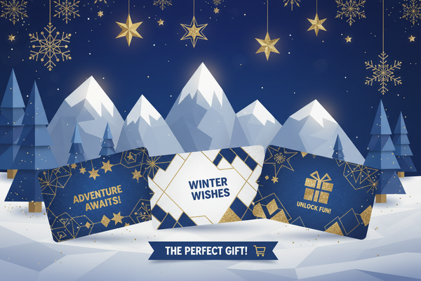 create an magical alpine scene geometric shapes blue and gold for kids snow gift guide highlighting online gift cards