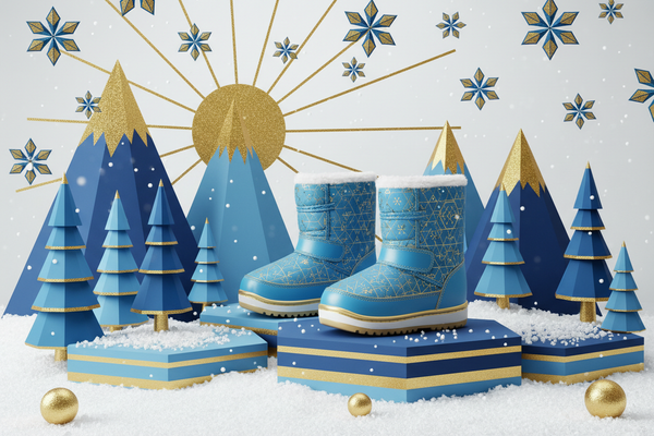create an magical alpine scene geometric shapes blue and gold for kids snow gift guide highlighting snow boots category