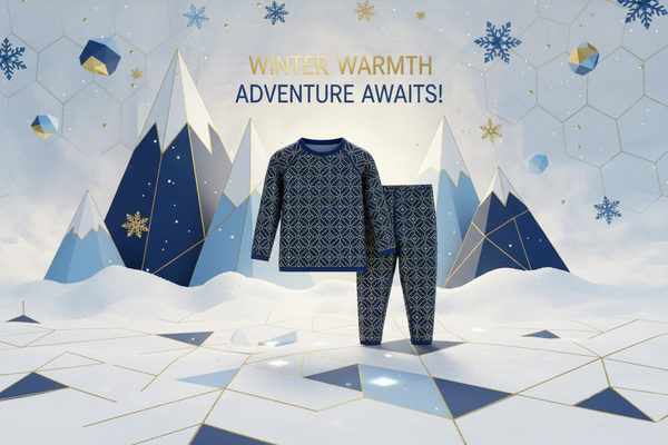 create an magical alpine scene geometric shapes blue and gold for kids snow gift guide highlighting thermal base layer category
