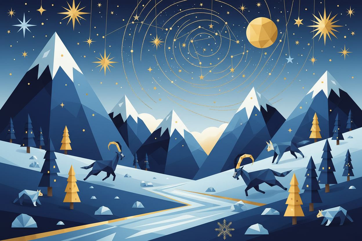 i want a alpine mountain scene in geometric shapes using blues and gold colours, modern magical for kids