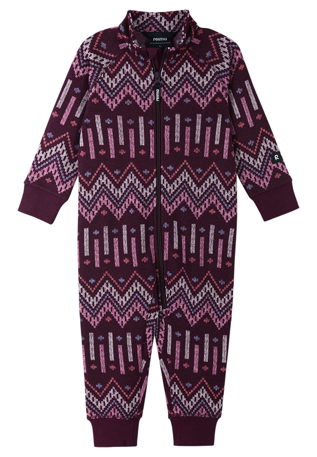 Reima Myytti Fleece Overall in dark purple with geometric pattern, made from soft mélange fleece for toddlers, featuring a full-length zipper.