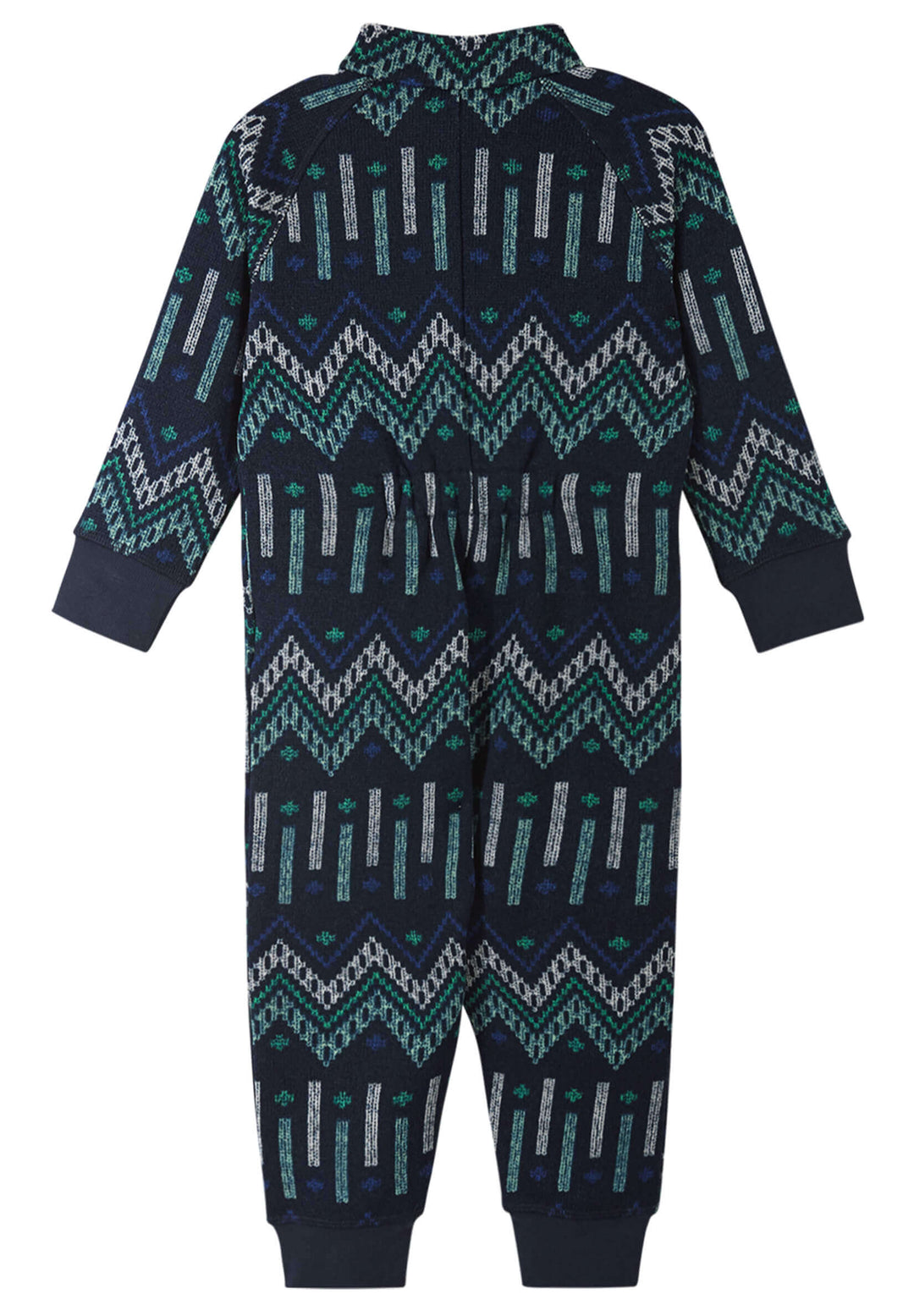 Reima Myytti Fleece Overall in navy with geometric pattern, perfect mid-layer for toddlers.