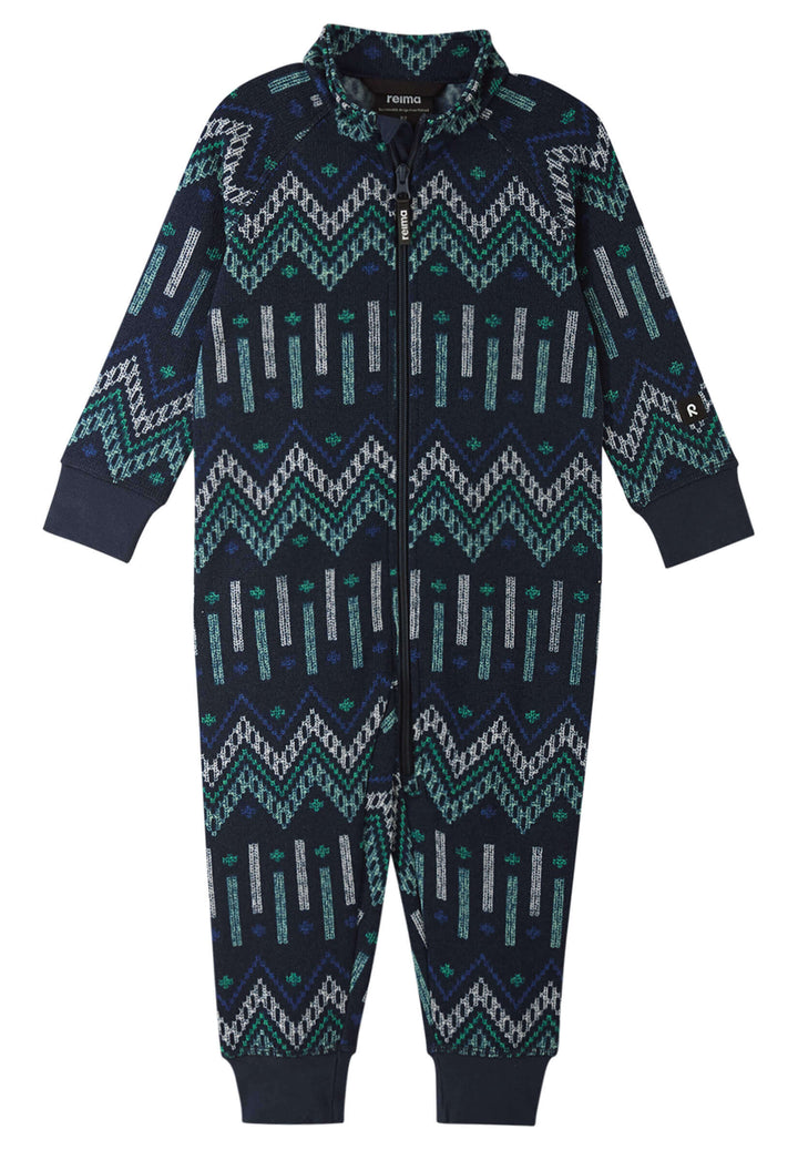 Reima Myytti Fleece Overall, cozy toddler all-in-one in dark blue with geometric patterns, made of soft mélange fleece.