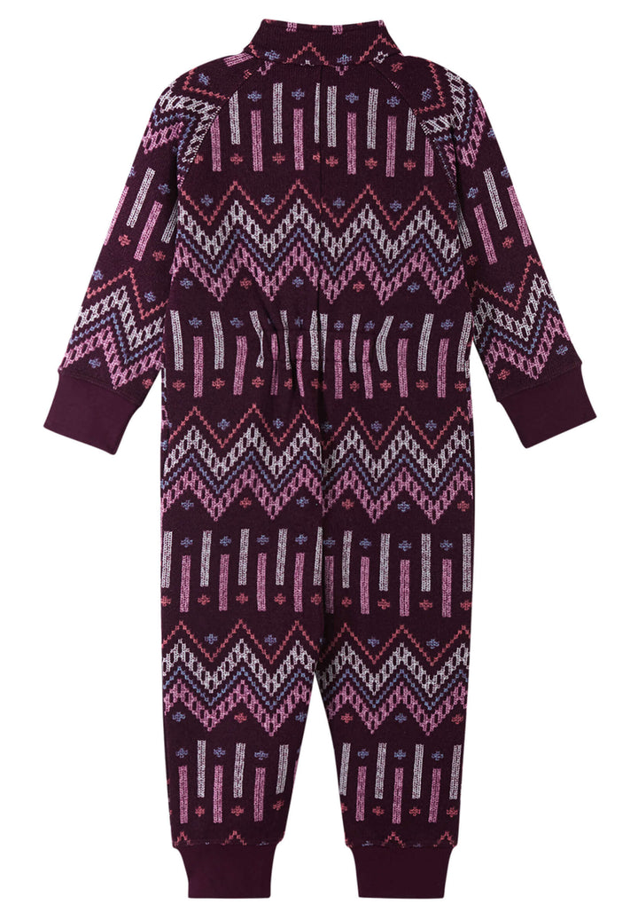 Reima Myytti Fleece Overall, warm purple fleece onesie with geometric patterns, perfect for toddlers in autumn or winter.