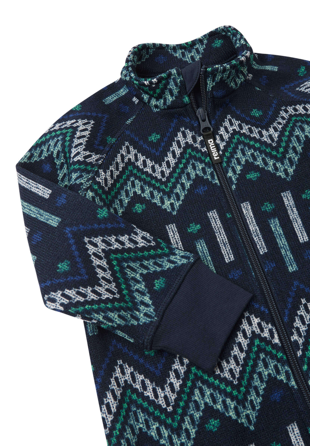 Reima Myytti Fleece Overall with geometric pattern in dark blue, soft fleece material, perfect for toddlers.