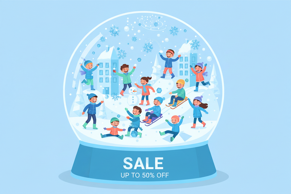 snow globe scene with lots of kids of all ages highlighting the sale category a light blue colour palette with geometric shapes enjoying the snow in jackets and boots and beanies and gloves